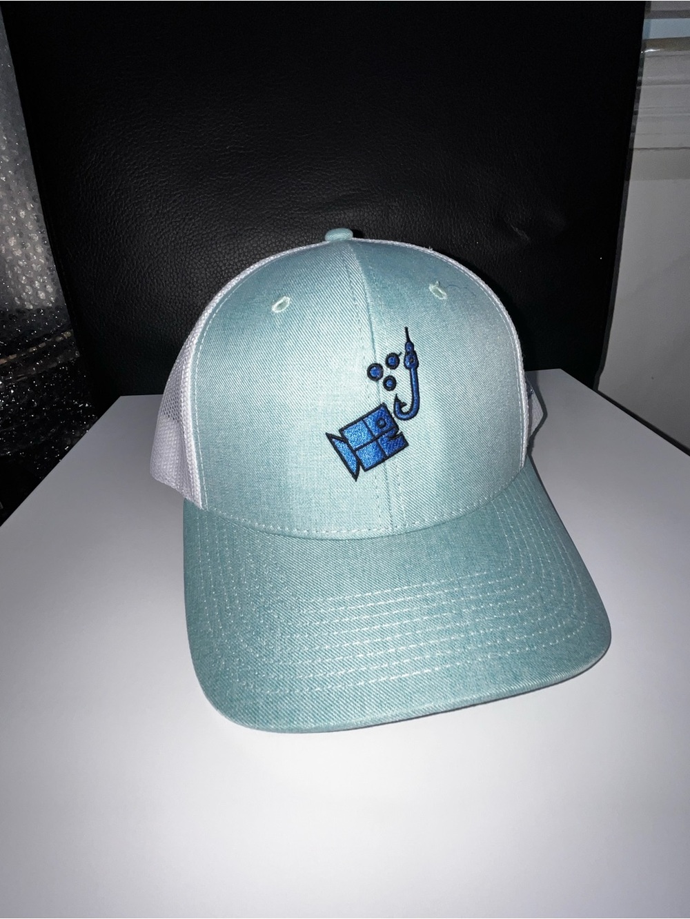 Light Aqua & White Trucker Hat with Fishing Hook Embroidery